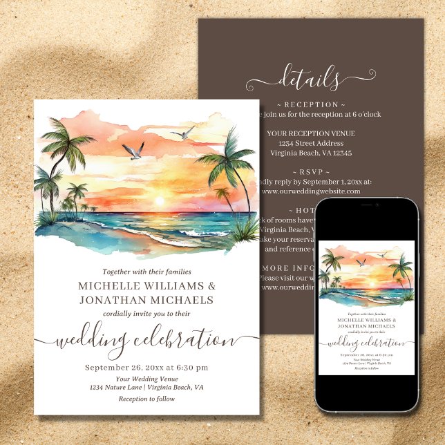 Der tropische Strand von Aquarell Einladung (Printed (Front and Back) and Digital - Watercolor Tropical Beach All in One Wedding Invitation)
