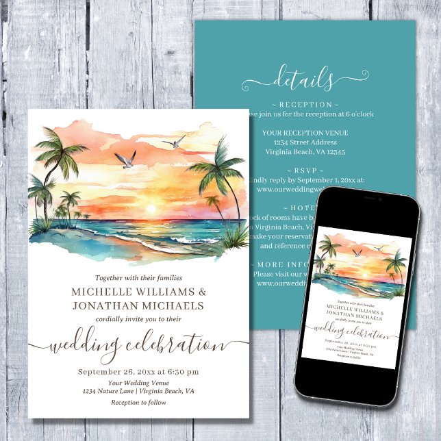 Der tropische Strand von Aquarell Einladung (Printed (Front and Back) and Digital - Tropical Beach Palm Trees All in One Wedding Invitation)