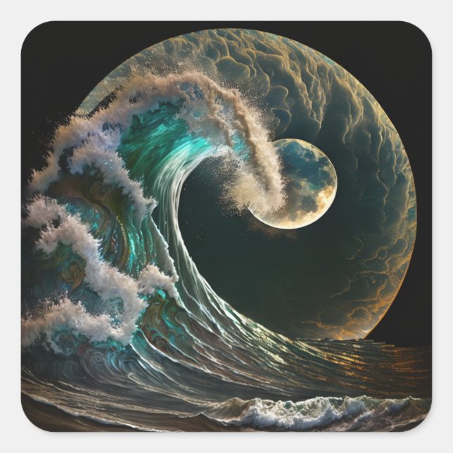 Der Tsunami windet im Glühen des Mondes. Quadratischer Aufkleber (Vorderseite)