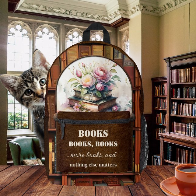 Der ultimative Buchwürmer Bedruckter Rucksack (Backpack featuring vintage watercolor books and flowers on shelves with books with brown leather)