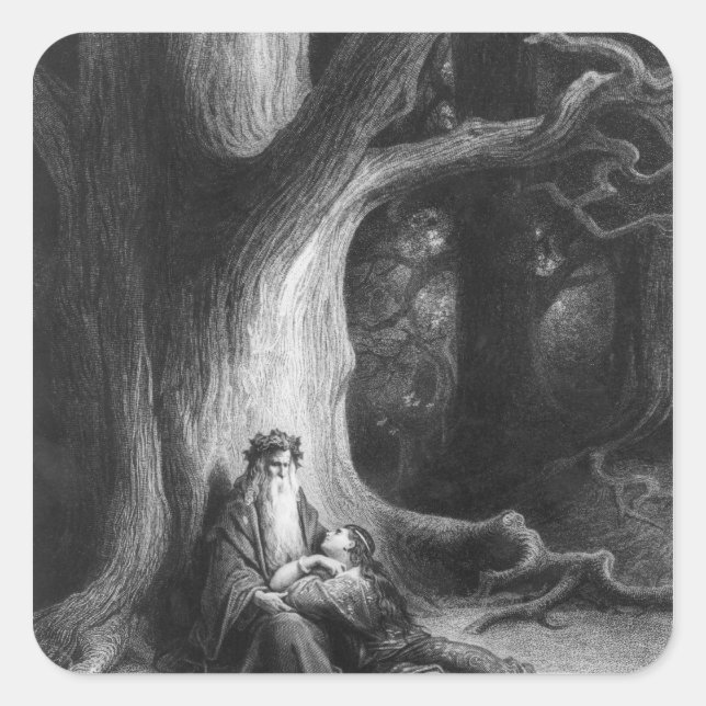 Der Verzauberer Merlin und die Fee Vivien Quadratischer Aufkleber (Vorderseite)