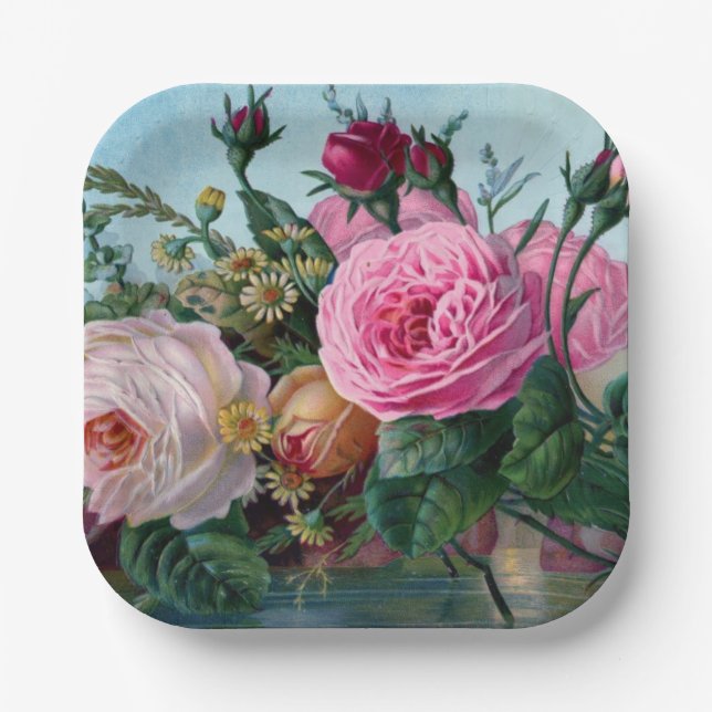 Der verzauberte Garten: Vintage Blumen-Designplatt Pappteller (Vorderseite)