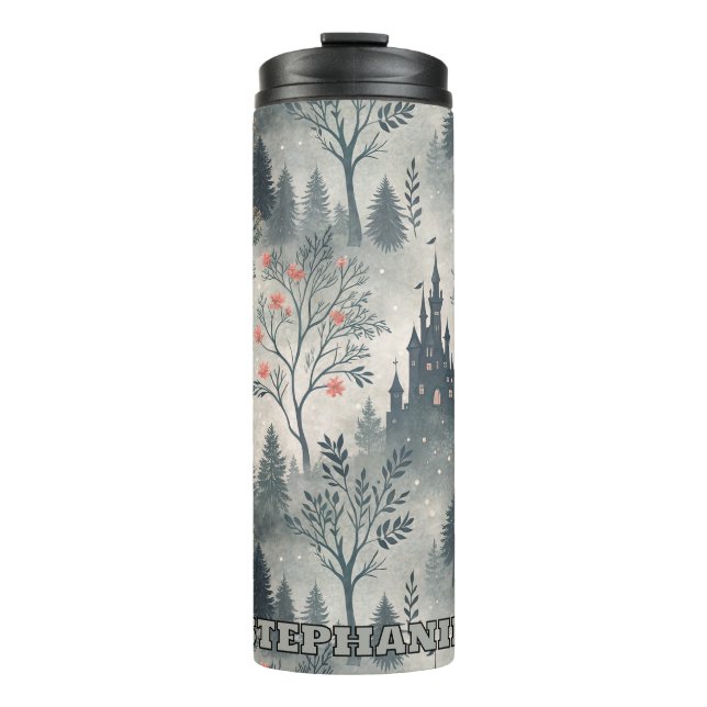Der verzauberte Misty Forest mit dunklem Schloss - Thermosbecher (Vorderseite)