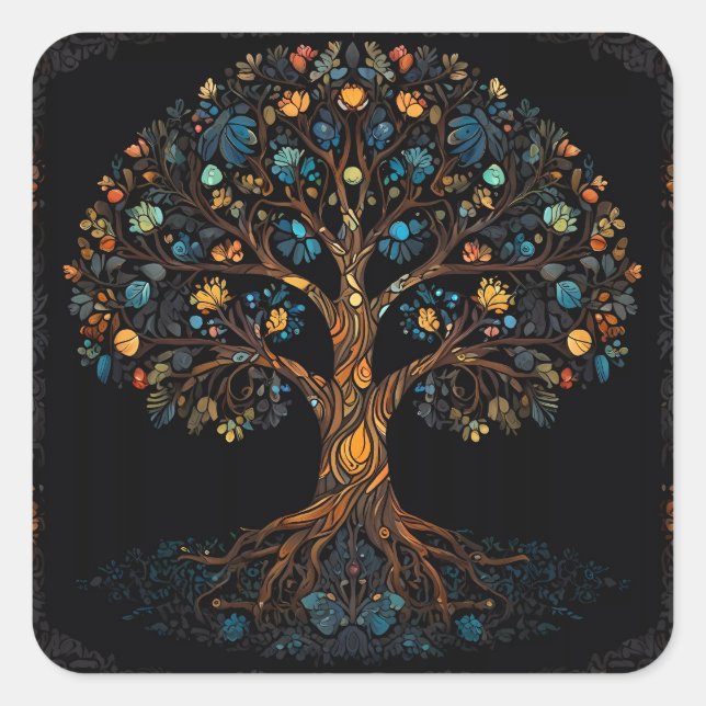 Der verzauberte Mosaikbaum Quadratischer Aufkleber (Vorderseite)
