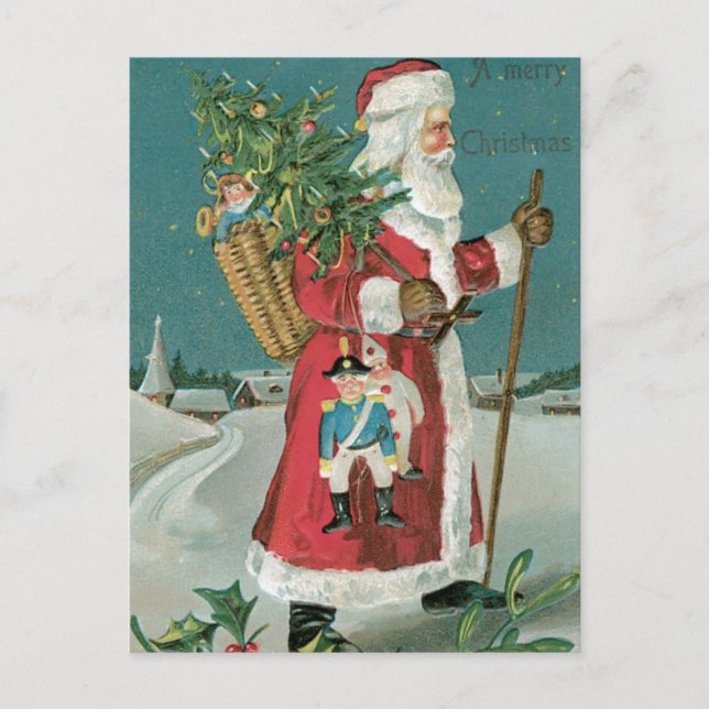 Der Vintage Weihnachtsmann im Schnee Feiertagspostkarte (Vorderseite)