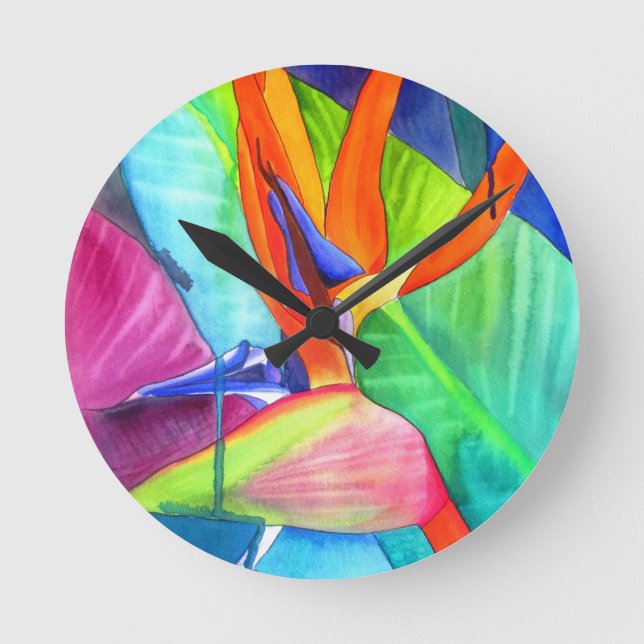 Der Vogel des Paradise Strelitzia Blume Tropische  Runde Wanduhr (Vorderseite)