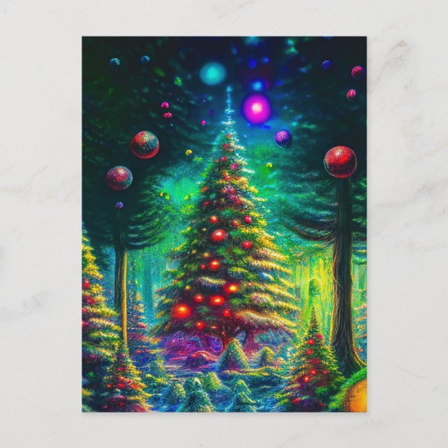 Der Wald der Weihnachtsbäume mit Ornamenten Postkarte (Vorderseite)
