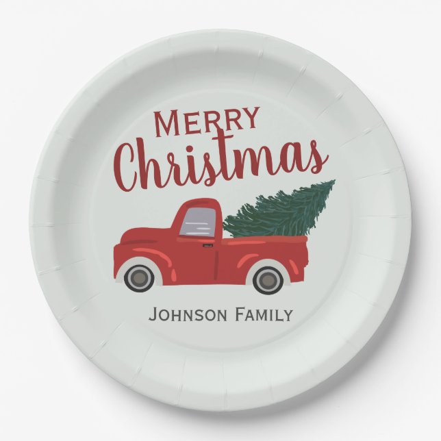 Der Weihnachtsbaum des Roten Trucks personalisiert Pappteller (Vorderseite)