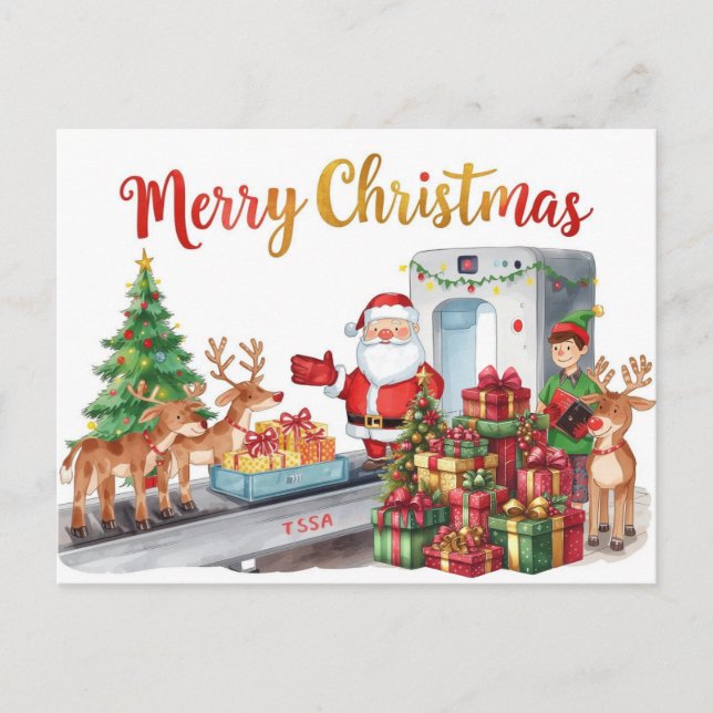 Der Weihnachtsmann am Flughafen Feiertagspostkarte (Vorderseite)