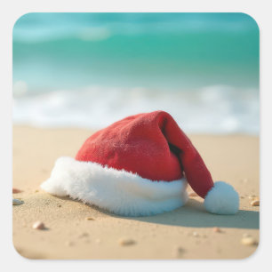 Der Weihnachtsmann am Tropenstrand Quadratischer Aufkleber