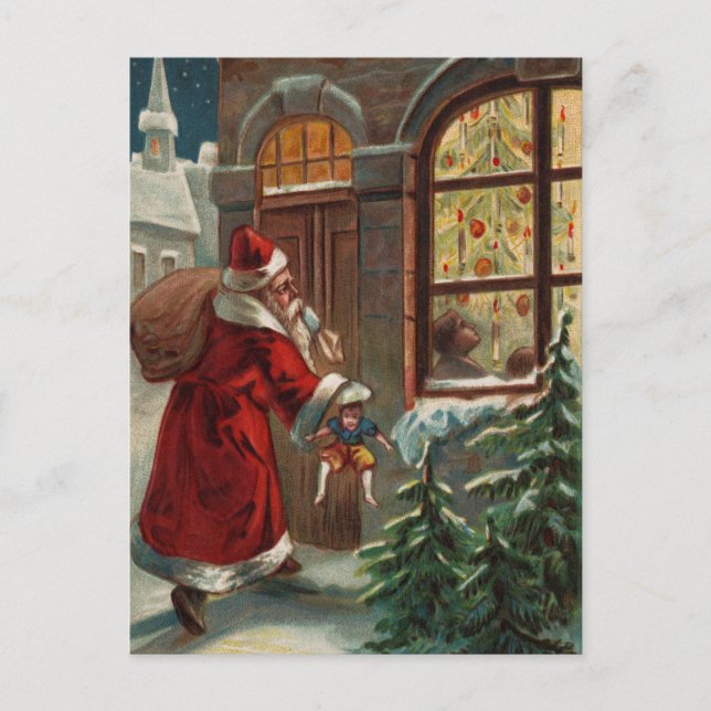 Der Weihnachtsmann an der Tür Postkarte (Vorderseite)