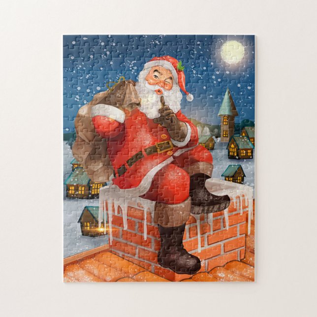 Der Weihnachtsmann auf dem Dach (A cheerful Santa Claus sitting on a snowy rooftop, with a playful finger to his lips!)