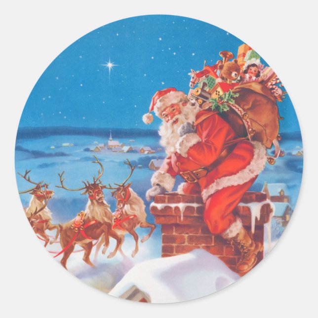 Der Weihnachtsmann auf dem Dach mit seinem Rentier Runder Aufkleber (Vorderseite)