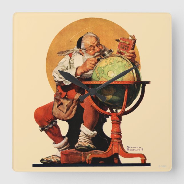 Der Weihnachtsmann auf dem Globus Quadratische Wanduhr (Vorderseite)