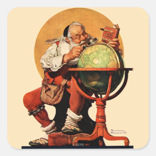 Der Weihnachtsmann auf dem Globus Quadratischer Aufkleber (Vorderseite)