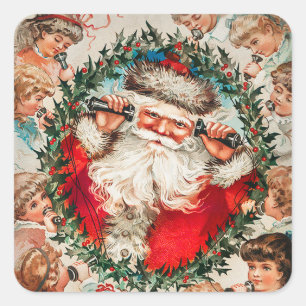Der Weihnachtsmann auf den Seilhörern, der Kindern Quadratischer Aufkleber