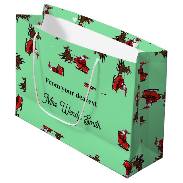 Der Weihnachtsmann auf Grün Große Geschenktüte (Vorderseite Schrägansicht)