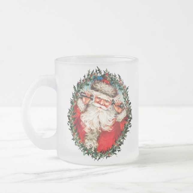 Der Weihnachtsmann auf Seilhandys Mattglastasse (Links)