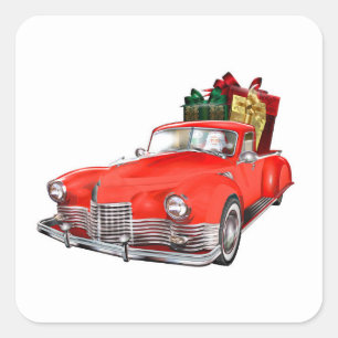 Der Weihnachtsmann fährt ein Retro-Auto mit Beglei Quadratischer Aufkleber