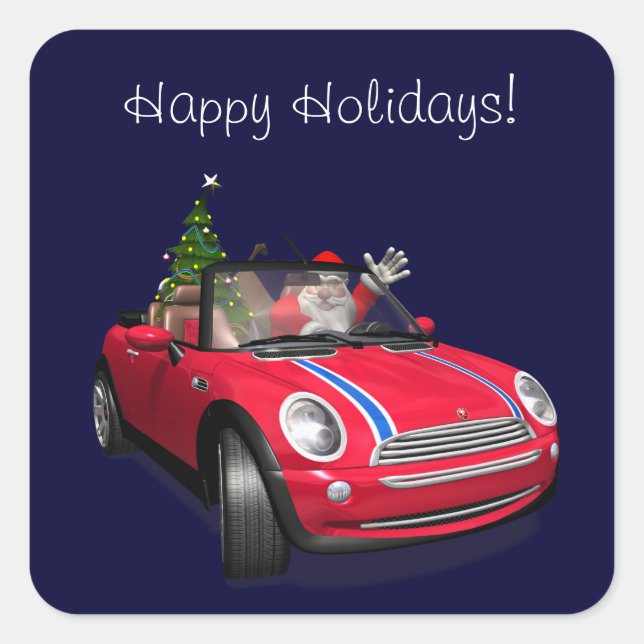 Der Weihnachtsmann fährt eine Mini Quadratischer Aufkleber (Vorderseite)