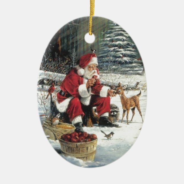Der Weihnachtsmann Füttre die Tiere Keramikornament (Vorne)