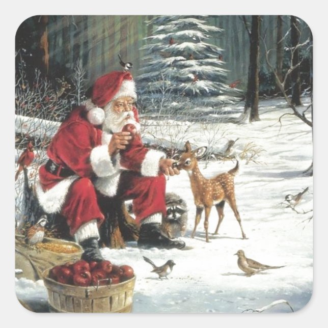 Der Weihnachtsmann Füttre die Tiere Quadratischer Aufkleber (Vorderseite)