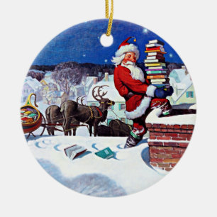 Der Weihnachtsmann geht mit Büchern den Schornste Keramik Ornament