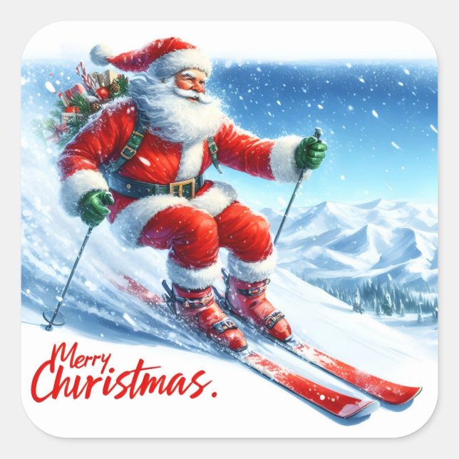 Der Weihnachtsmann genießt Skifahren auf den schne Quadratischer Aufkleber (Vorderseite)