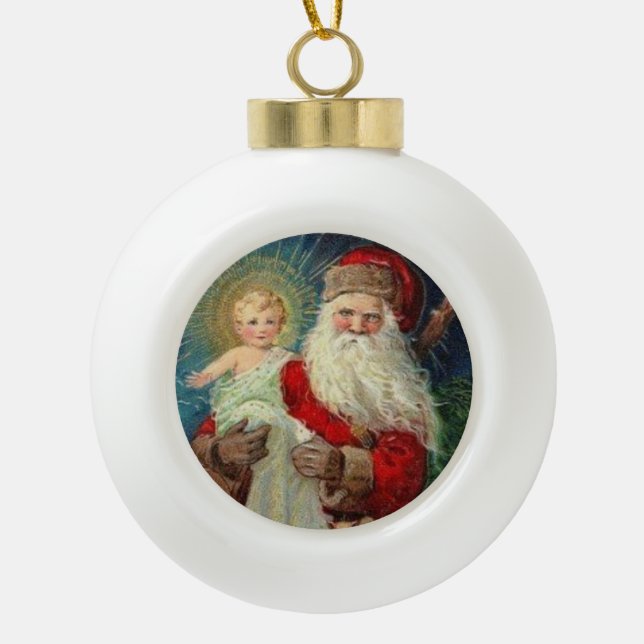 Der Weihnachtsmann hält das Baby Jesus Keramik Kugel-Ornament (Vorderseite)
