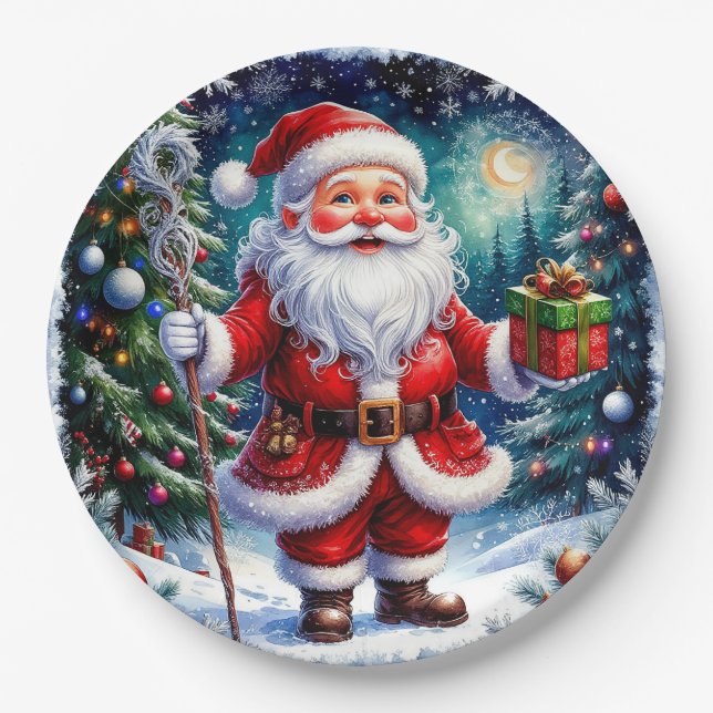 Der Weihnachtsmann hält ein Geschenk an einem magi Pappteller (Vorderseite)