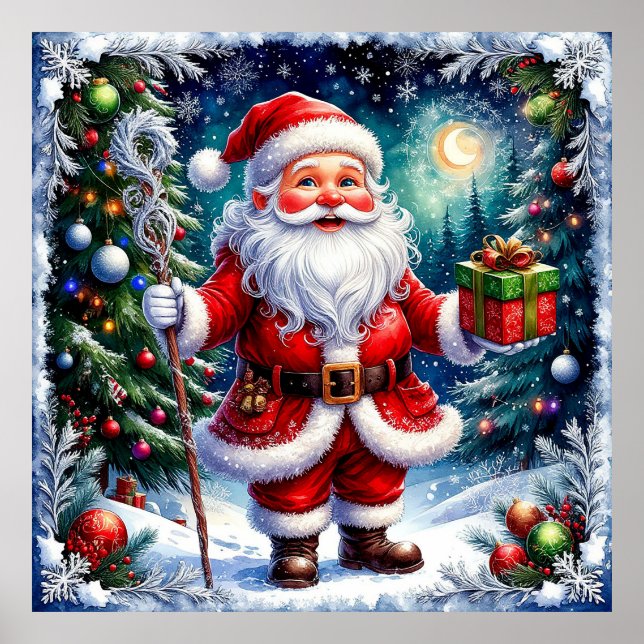 Der Weihnachtsmann hält ein Geschenk an einem magi Poster (Vorne)