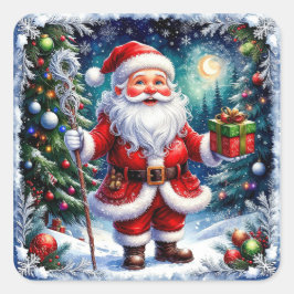 Der Weihnachtsmann hält ein Geschenk an einem magi Quadratischer Aufkleber