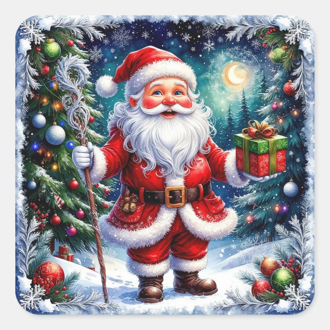 Der Weihnachtsmann hält ein Geschenk an einem magi Quadratischer Aufkleber (Vorderseite)