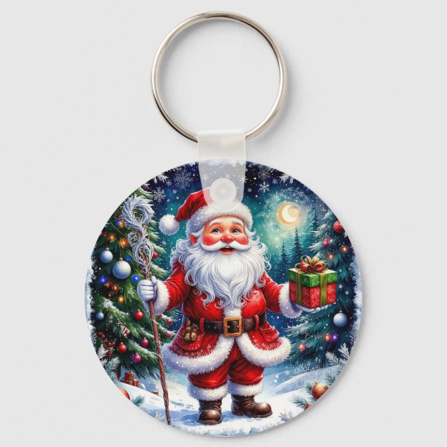 Der Weihnachtsmann hält ein Geschenk an einem magi Schlüsselanhänger (Vorderseite)