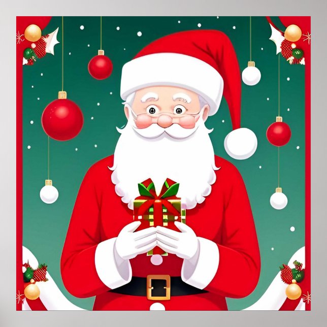 Der Weihnachtsmann hält ein Geschenk Poster (Vorne)