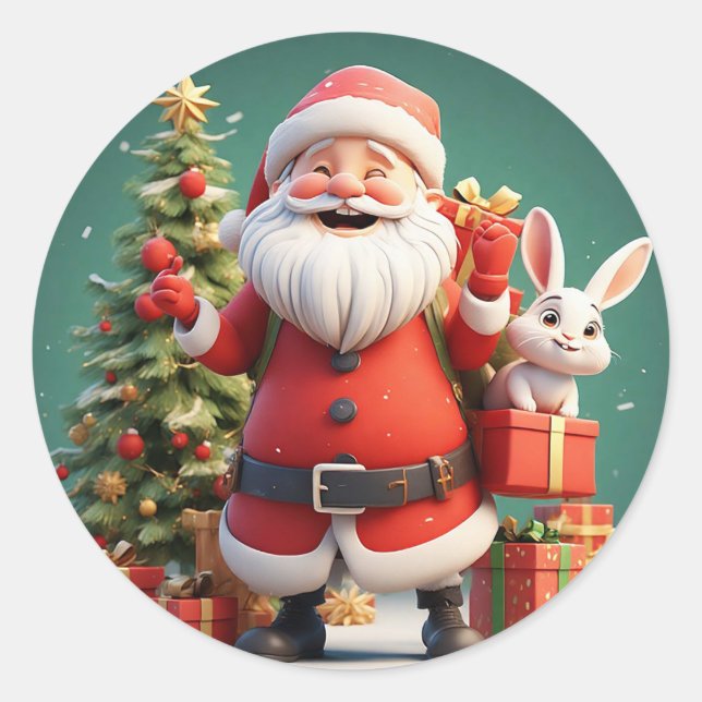 Der Weihnachtsmann hält mit Kaninchen präsent Runder Aufkleber (Vorderseite)