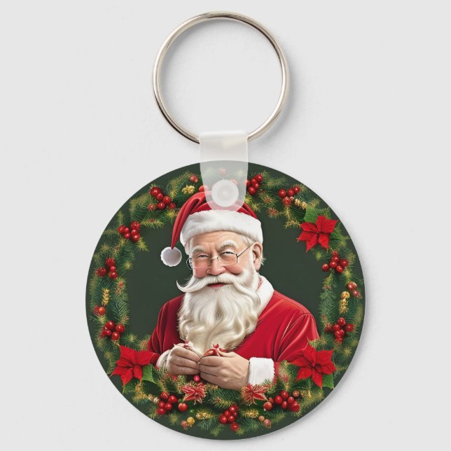 Der Weihnachtsmann im festlichen Kranz Schlüsselanhänger (Vorderseite)