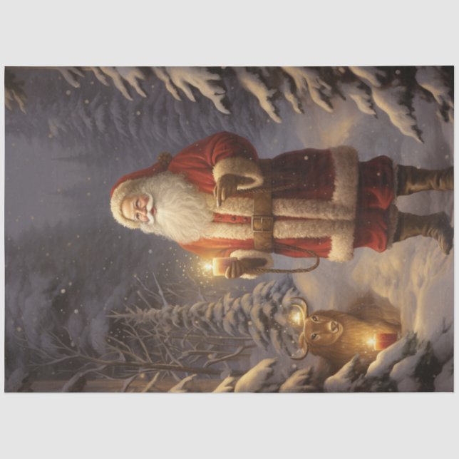 Der Weihnachtsmann im nächtlichen Wald mit Rentier Seidenpapier (Vorderseite)