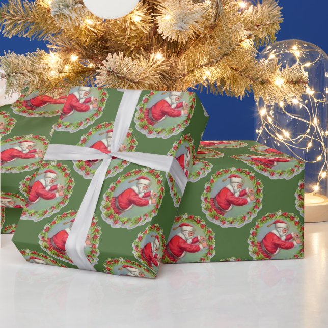 Der Weihnachtsmann in einem Kranz-Umschlagpapier Geschenkpapier (Feiertage)