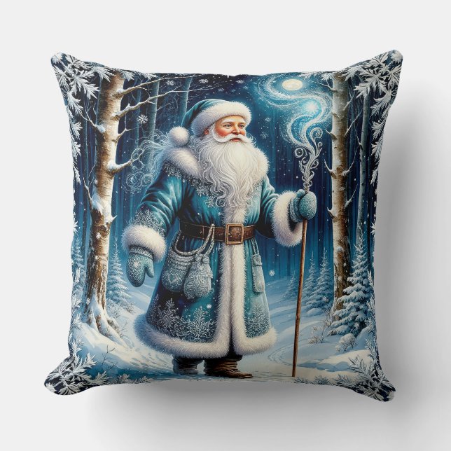 Der Weihnachtsmann in einem zauberhaften Schneewal Kissen (Vorderseite)
