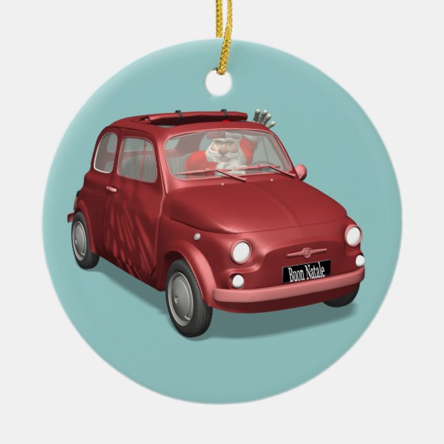 Der Weihnachtsmann in Fiat 500 Keramikornament (Vorne)