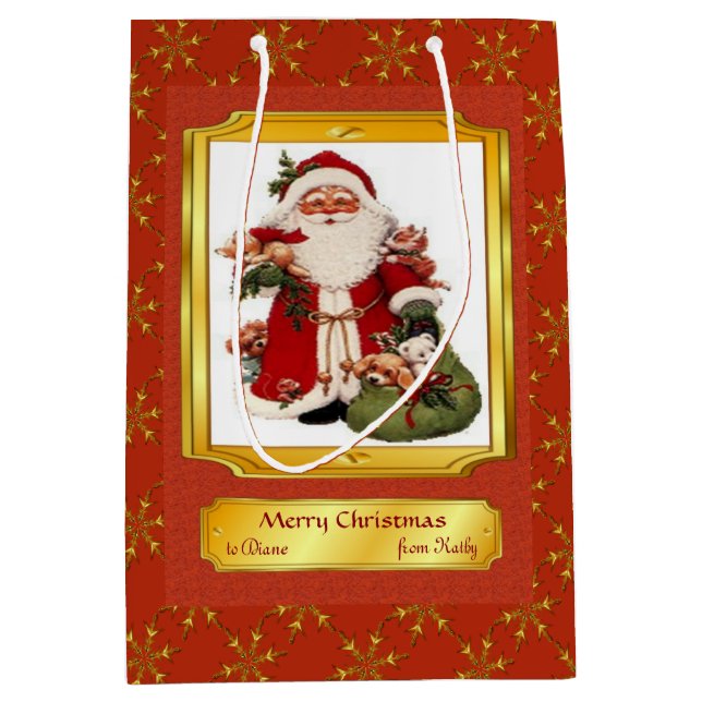 Der Weihnachtsmann in Rot und Golden Rahmen Mittlere Geschenktüte (Vorderseite)