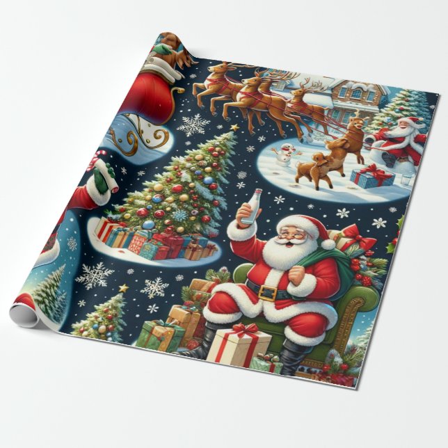 Der Weihnachtsmann in verschiedenen fröhlichen Akt Geschenkpapier (Ungerollt)