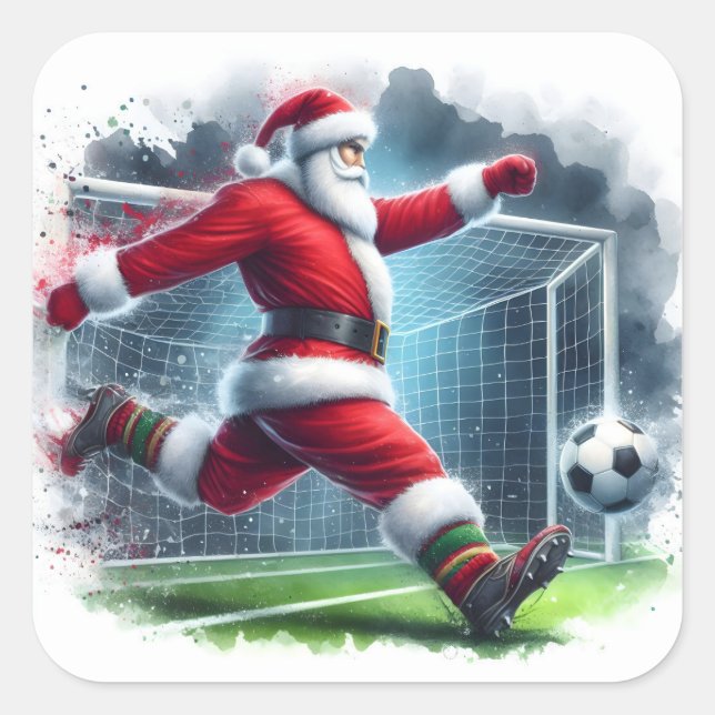 Der Weihnachtsmann ist dabei, einen Fußballball im Quadratischer Aufkleber (Vorderseite)
