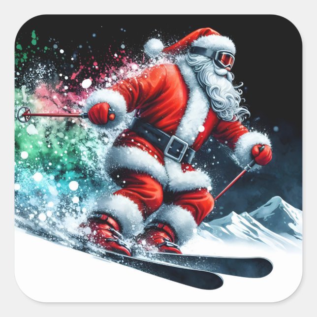 Der Weihnachtsmann ist glücklich Skifahren auf dem Quadratischer Aufkleber (Vorderseite)