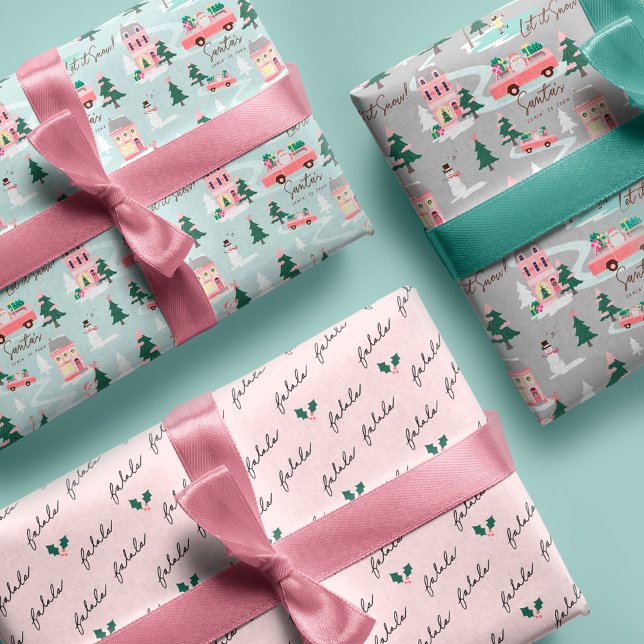 Der Weihnachtsmann kommt in der Stadt Rosa Retro V Geschenkpapier Set (Santa's Comin' To Town Pink Retro Van Wrapping Wrapping Paper Sheets)