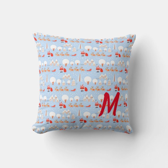 Der Weihnachtsmann kommt mit dem Rentier Monogramm Kissen (Vorderseite)
