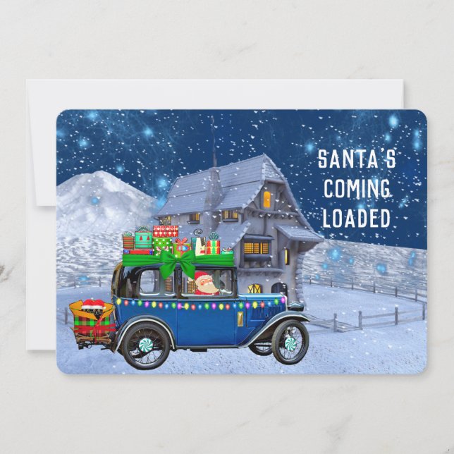 Der Weihnachtsmann kommt voller Humor Einladung (Vorderseite)