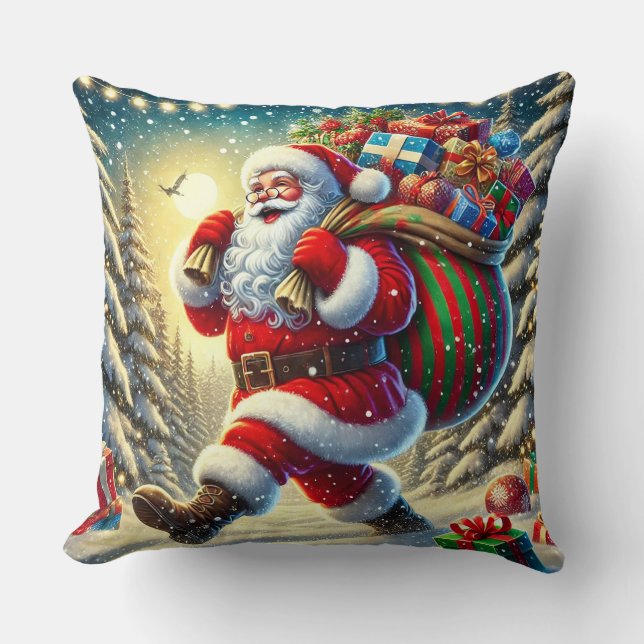 Der Weihnachtsmann liefert Geschenke in einem schn Kissen (Vorderseite)
