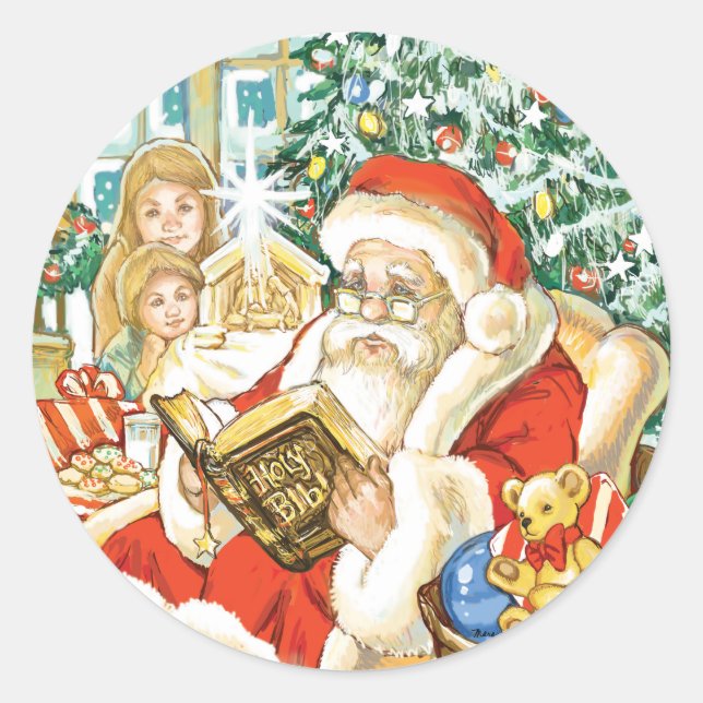 Der Weihnachtsmann liest die Bibel am Heiligabend Runder Aufkleber (Vorderseite)